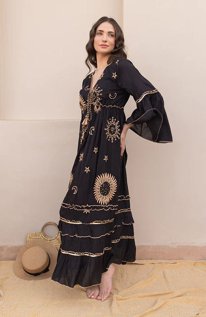 Black Celestial Sun Moon Star Boho Maxi Dress | Cotton Bell Sleeve Tassel Tie Tiered Dress | Festival Resort Wear