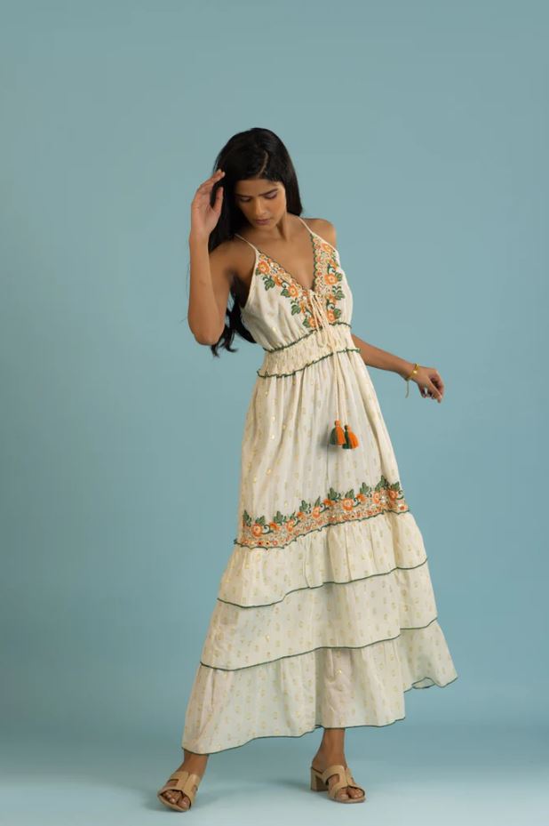 Cream Orange Floral Embroidered Tiered Boho Maxi Dress | Cotton Tassel Tie Sundress | Festival Resort Vacation Wear