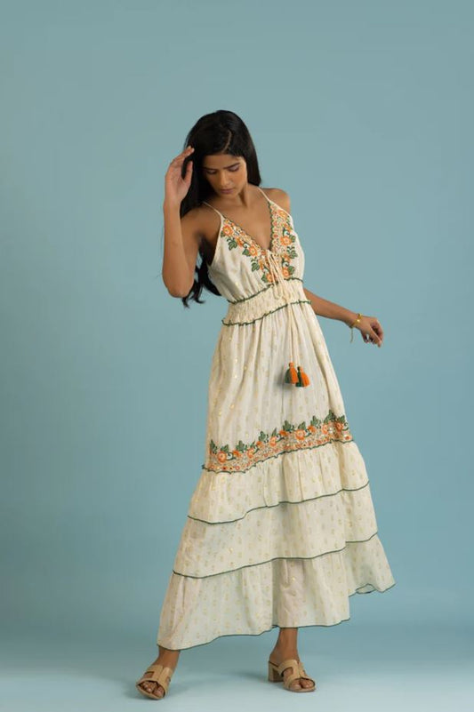 Cream Orange Floral Embroidered Tiered Boho Maxi Dress | Cotton Tassel Tie Sundress | Festival Resort Vacation Wear
