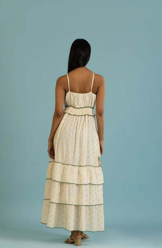 Cream Orange Floral Embroidered Tiered Boho Maxi Dress | Cotton Tassel Tie Sundress | Festival Resort Vacation Wear