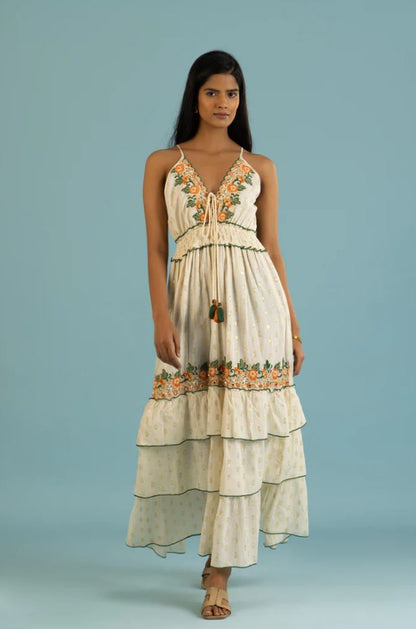 Cream Orange Floral Embroidered Tiered Boho Maxi Dress | Cotton Tassel Tie Sundress | Festival Resort Vacation Wear