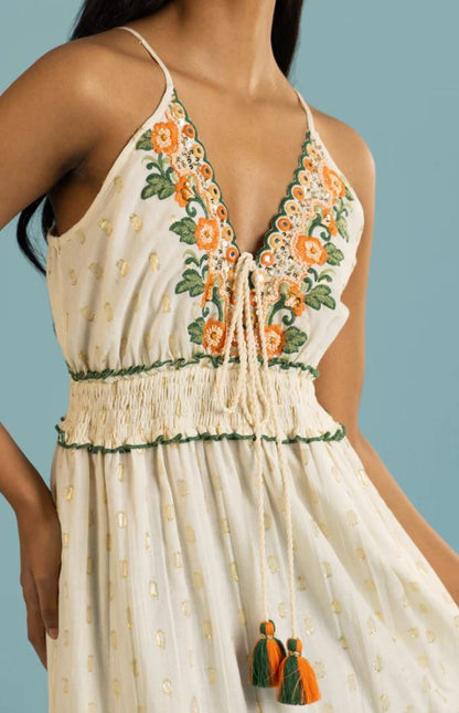 Cream Orange Floral Embroidered Tiered Boho Maxi Dress | Cotton Tassel Tie Sundress | Festival Resort Vacation Wear