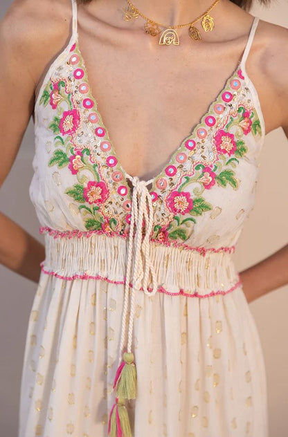 White Floral Embroidered Tiered Boho Maxi Dress | Cotton Tassel Tie Sundress | Festival Resort Vacation Wear