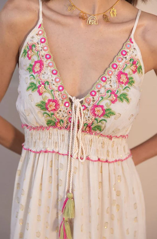 White Floral Embroidered Tiered Boho Maxi Dress | Cotton Tassel Tie Sundress | Festival Resort Vacation Wear