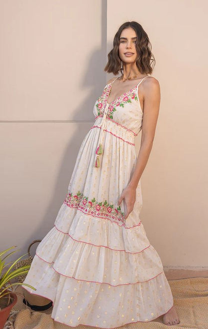 White Floral Embroidered Tiered Boho Maxi Dress | Cotton Tassel Tie Sundress | Festival Resort Vacation Wear