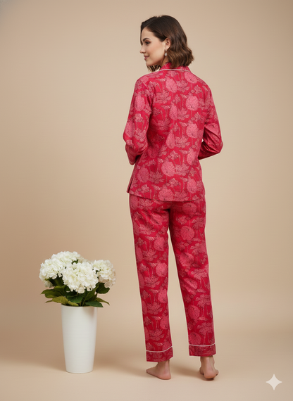 Luxury Hand-Block Print Cotton Pajama Set | Women's Sustainable Boho Loungewear PJ Set| 100% Organic Cotton Nightwear with Matching Gift Pouch