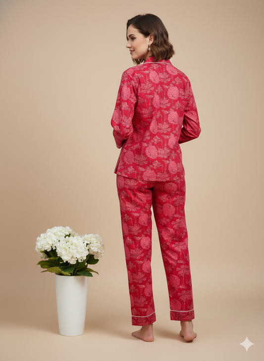 Luxury Hand-Block Print Cotton Pajama Set | Women's Sustainable Boho Loungewear PJ Set| 100% Organic Cotton Nightwear with Matching Gift Pouch