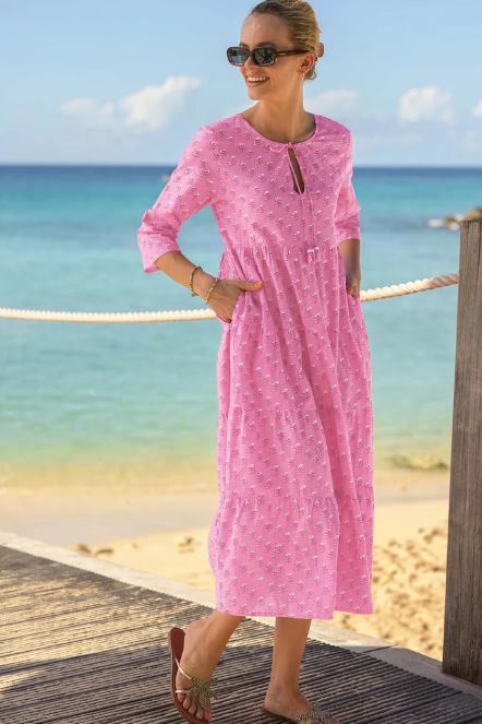 Pink Embroidered Cotton Midi Dress – Beach Vacation Resort Wear