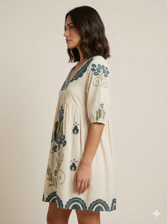 Cream Embroidered A-Line Short Kurti
