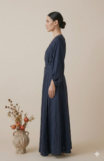 Navy Blue Linen Wrap Maxi Dress