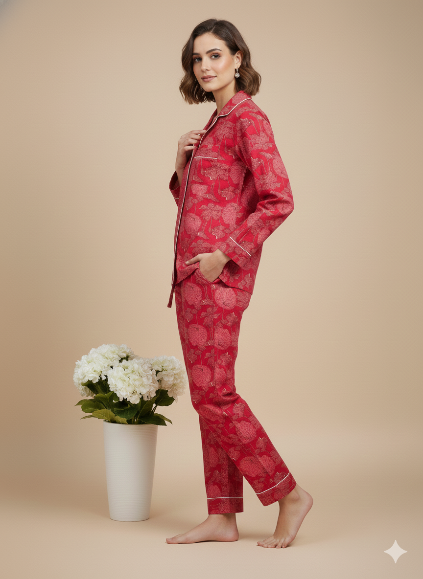 Luxury Hand-Block Print Cotton Pajama Set | Women's Sustainable Boho Loungewear PJ Set| 100% Organic Cotton Nightwear with Matching Gift Pouch