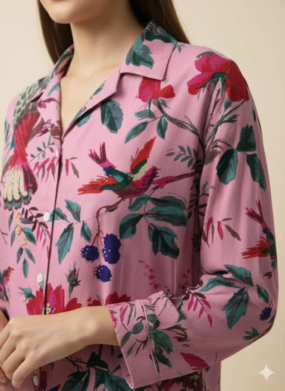 Vibrant Pink Floral Bird Print 100% Cotton 2Piece Set for Women – Long Sleeve Button-Up Shirt & Matching Shorts