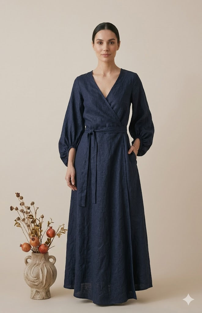 Navy Blue Linen Wrap Maxi Dress
