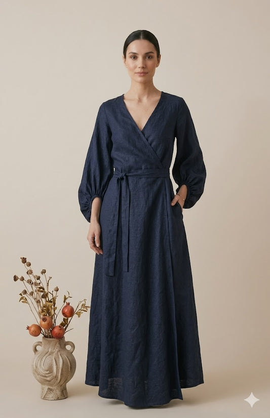 Navy Blue Linen Wrap Maxi Dress