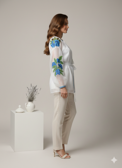 Women’s Sustainable Cotton Floral Top | Artisan Hand-Stamped Summer Blouse | Chic Valentine’s Day Boutique Top