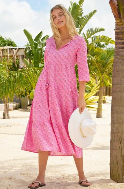 Pink Embroidered Cotton Midi Dress – Beach Vacation Resort Wear