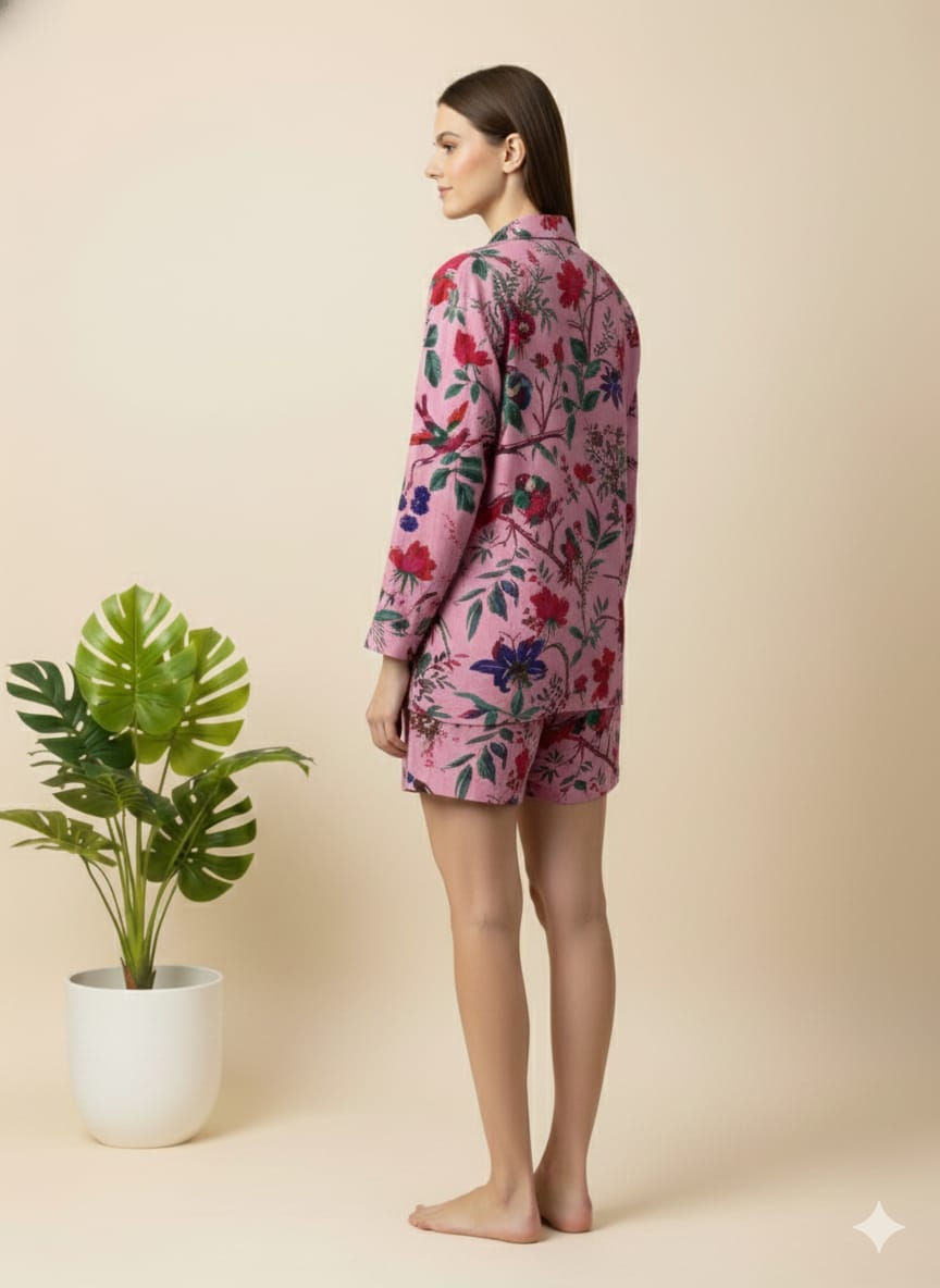 Vibrant Pink Floral Bird Print 100% Cotton 2Piece Set for Women – Long Sleeve Button-Up Shirt & Matching Shorts