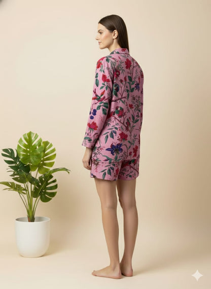 Vibrant Pink Floral Bird Print 100% Cotton 2Piece Set for Women – Long Sleeve Button-Up Shirt & Matching Shorts