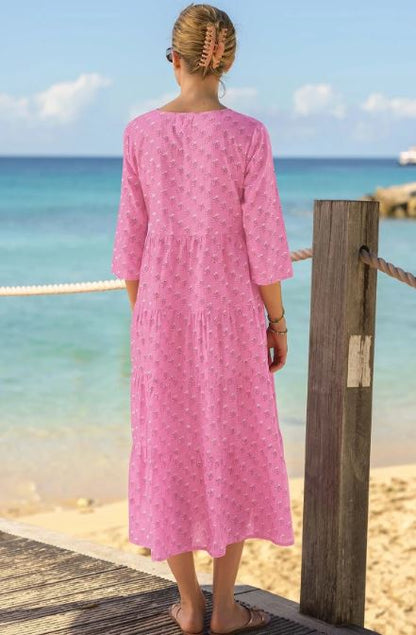 Pink Embroidered Cotton Midi Dress – Beach Vacation Resort Wear