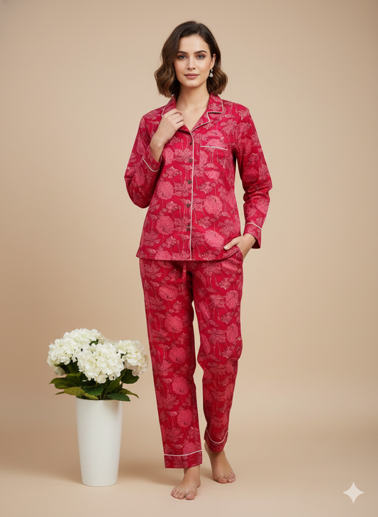 Luxury Hand-Block Print Cotton Pajama Set | Women's Sustainable Boho Loungewear PJ Set| 100% Organic Cotton Nightwear with Matching Gift Pouch