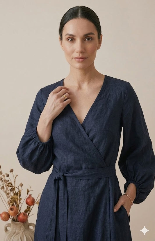 Navy Blue Linen Wrap Maxi Dress