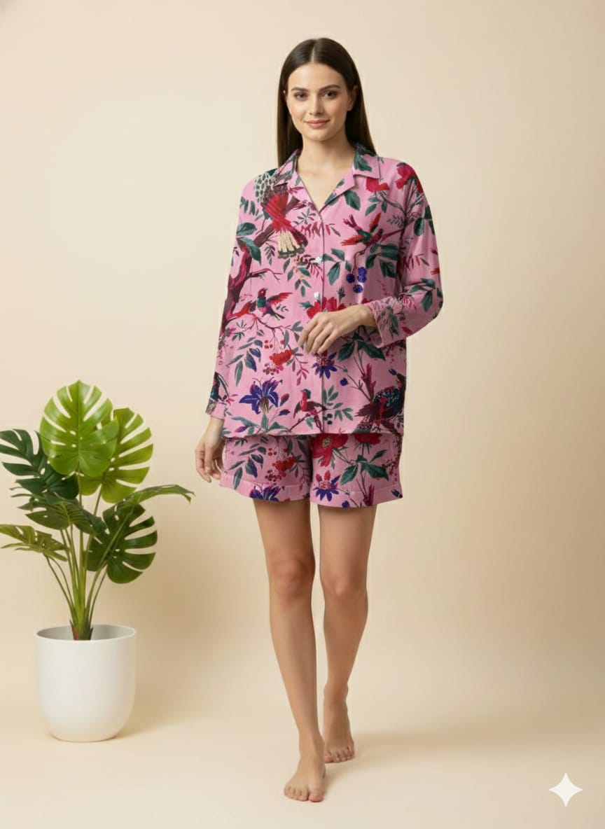 Vibrant Pink Floral Bird Print 100% Cotton 2Piece Set for Women – Long Sleeve Button-Up Shirt & Matching Shorts