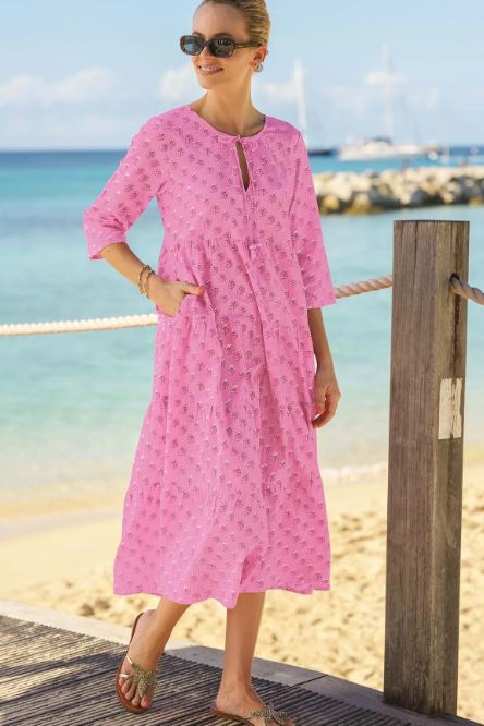 Pink Embroidered Cotton Midi Dress – Beach Vacation Resort Wear