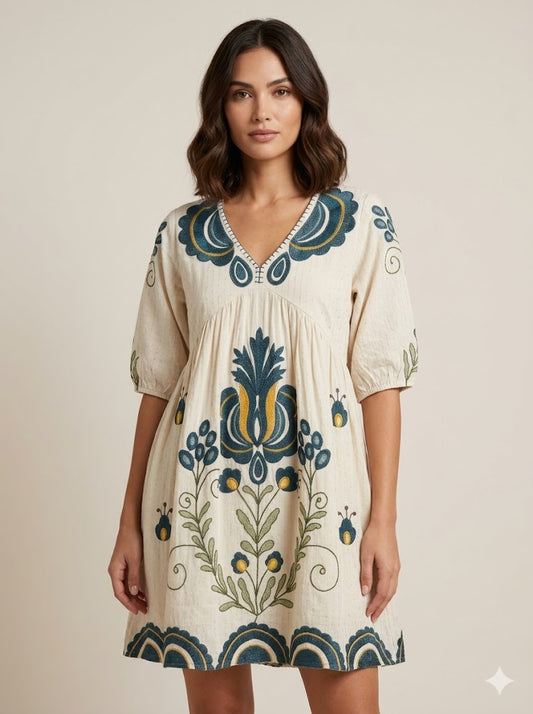 Cream Embroidered A-Line Short Kurti