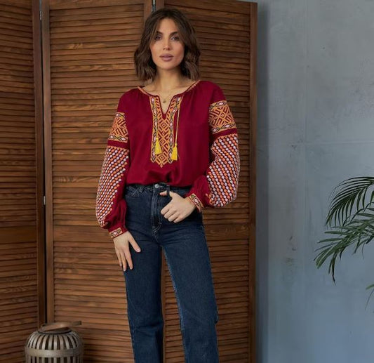 Maroon Embroidered Cotton Blouse for Women - Boho Folk Tassel Top