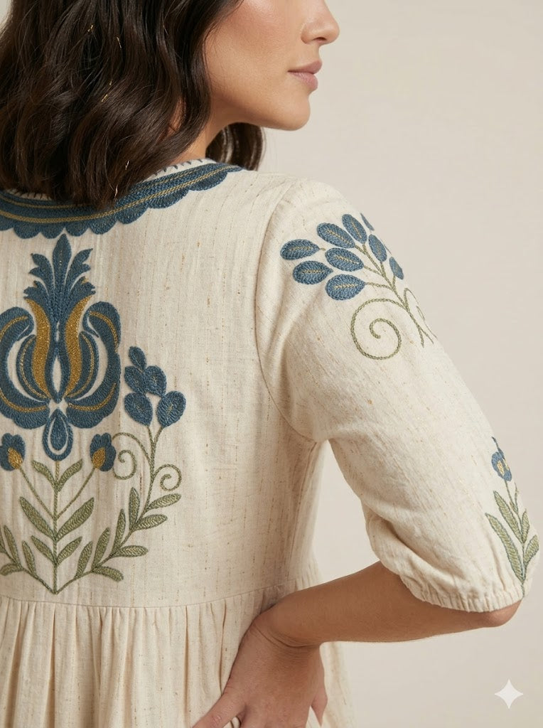 Cream Cotton Embroidered Mini Dress