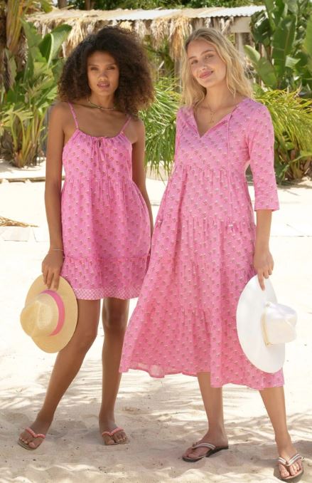 Pink Embroidered Cotton Midi Dress – Beach Vacation Resort Wear