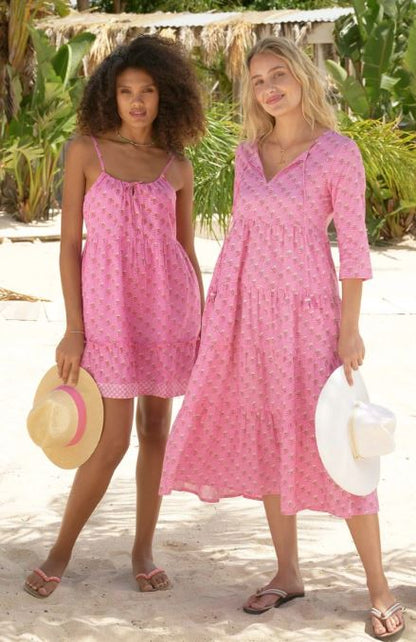 Pink Embroidered Cotton Midi Dress – Beach Vacation Resort Wear