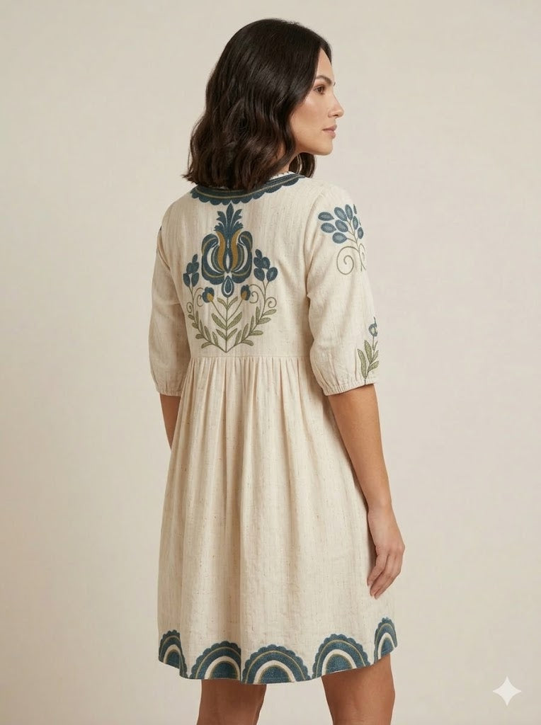 Cream Embroidered A-Line Short Kurti