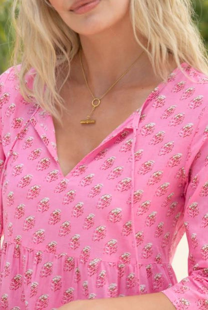 Pink Embroidered Cotton Midi Dress – Beach Vacation Resort Wear