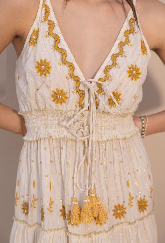 Boho White Cotton Maxi Dress - Gold Floral Embroidered Tiered Ruffle Sundress with Tassel Ties, Smocked Waist & Deep V-Neck | Women's Festival, Beach & Resort Vacation Wear