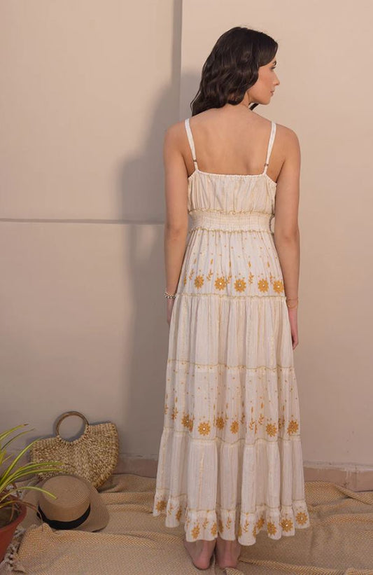 Boho White Cotton Maxi Dress - Gold Floral Embroidered Tiered Ruffle Sundress with Tassel Ties, Smocked Waist & Deep V-Neck | Women's Festival, Beach & Resort Vacation Wear