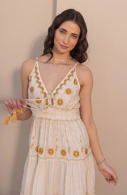 Boho White Cotton Maxi Dress - Gold Floral Embroidered Tiered Ruffle Sundress with Tassel Ties, Smocked Waist & Deep V-Neck | Women's Festival, Beach & Resort Vacation Wear
