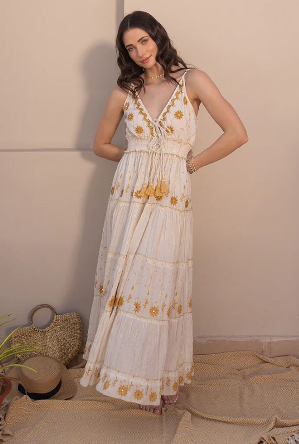 Boho White Cotton Maxi Dress - Gold Floral Embroidered Tiered Ruffle Sundress with Tassel Ties, Smocked Waist & Deep V-Neck | Women's Festival, Beach & Resort Vacation Wear