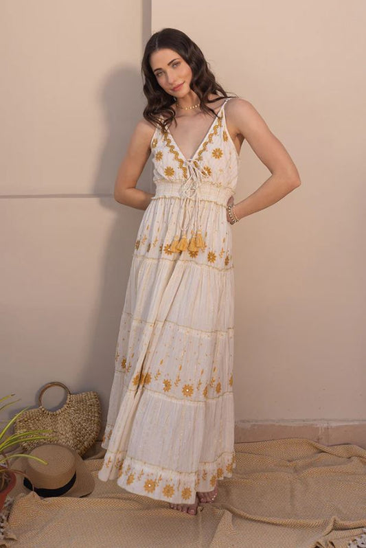 Boho White Cotton Maxi Dress - Gold Floral Embroidered Tiered Ruffle Sundress with Tassel Ties, Smocked Waist & Deep V-Neck | Women's Festival, Beach & Resort Vacation Wear