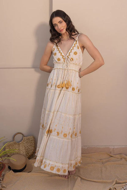 Boho White Cotton Maxi Dress - Gold Floral Embroidered Tiered Ruffle Sundress with Tassel Ties, Smocked Waist & Deep V-Neck | Women's Festival, Beach & Resort Vacation Wear