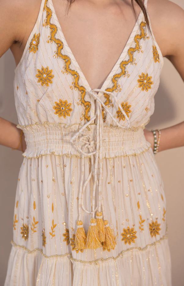 Boho White Cotton Maxi Dress - Gold Floral Embroidered Tiered Ruffle Sundress with Tassel Ties, Smocked Waist & Deep V-Neck | Women's Festival, Beach & Resort Vacation Wear