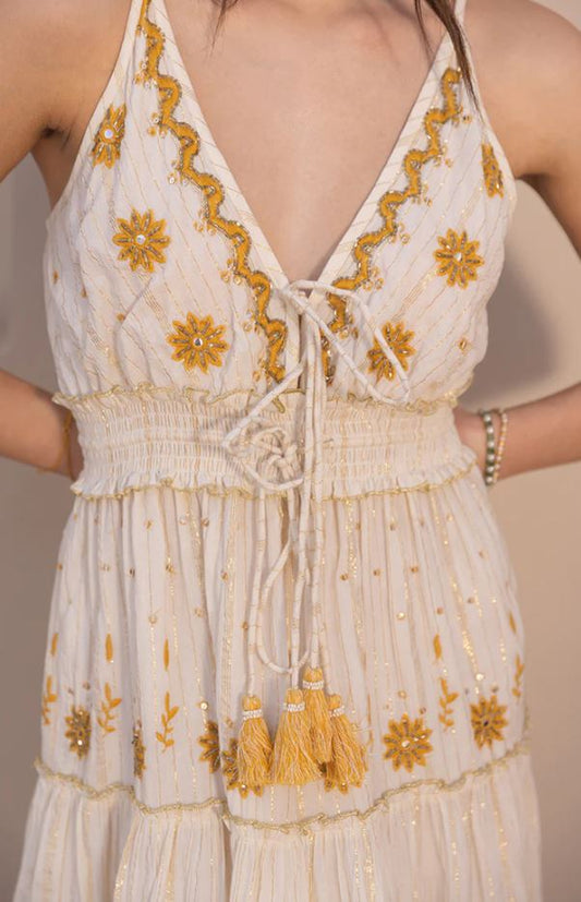 Boho White Cotton Maxi Dress - Gold Floral Embroidered Tiered Ruffle Sundress with Tassel Ties, Smocked Waist & Deep V-Neck | Women's Festival, Beach & Resort Vacation Wear