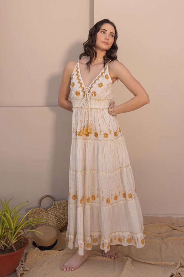 Boho White Cotton Maxi Dress - Gold Floral Embroidered Tiered Ruffle Sundress with Tassel Ties, Smocked Waist & Deep V-Neck | Women's Festival, Beach & Resort Vacation Wear