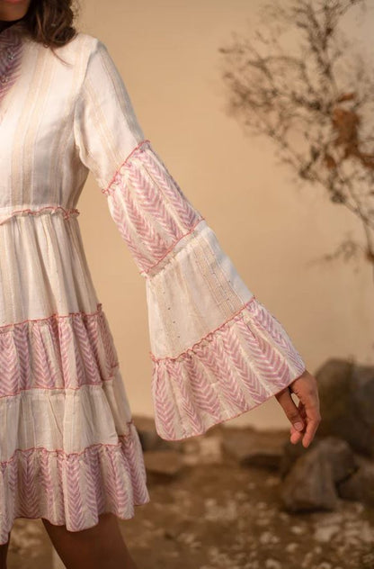 Boho Pink & White Striped Cotton Mini Dress - Tiered Ruffle Bell Sleeve Sundress with Tassel Ties, Chevron Embroidery & Smocked Waist | Women's Festival, Beach & Resort Vacation Wear