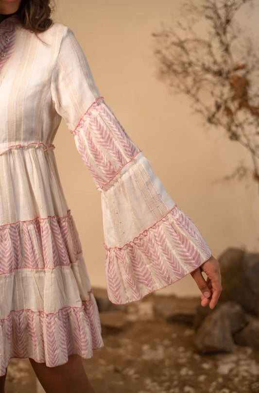 Boho Pink & White Striped Cotton Mini Dress - Tiered Ruffle Bell Sleeve Sundress with Tassel Ties, Chevron Embroidery & Smocked Waist | Women's Festival, Beach & Resort Vacation Wear