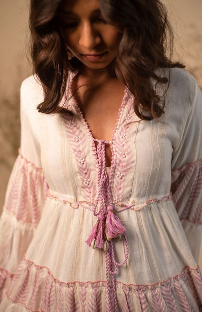 Boho Pink & White Striped Cotton Mini Dress - Tiered Ruffle Bell Sleeve Sundress with Tassel Ties, Chevron Embroidery & Smocked Waist | Women's Festival, Beach & Resort Vacation Wear