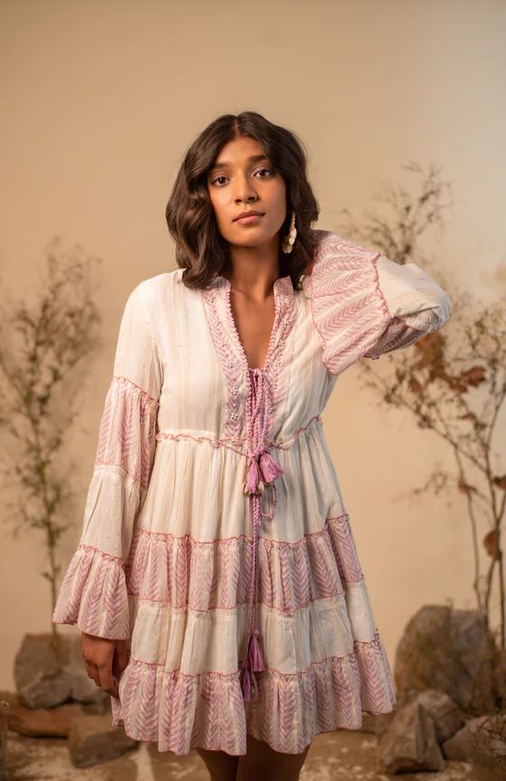 Boho Pink & White Striped Cotton Mini Dress - Tiered Ruffle Bell Sleeve Sundress with Tassel Ties, Chevron Embroidery & Smocked Waist | Women's Festival, Beach & Resort Vacation Wear