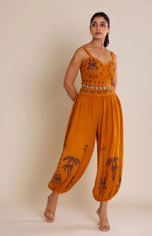 Boho Mustard Orange Cotton Co-ord Set - Embroidered Crop Top & Harem Balloon Pants with Shell Belt, Blue Tribal Print & Smocked Waist | Women's Festival, Resort & Vacation Two-Piece Outfit