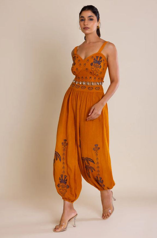 Boho Mustard Orange Cotton Co-ord Set - Embroidered Crop Top & Harem Balloon Pants with Shell Belt, Blue Tribal Print & Smocked Waist | Women's Festival, Resort & Vacation Two-Piece Outfit