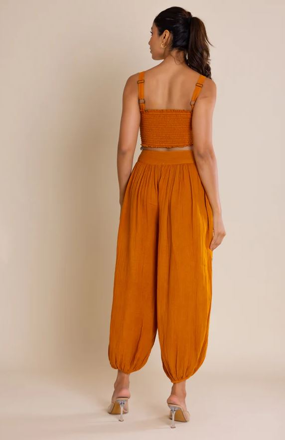 Boho Mustard Orange Cotton Co-ord Set - Embroidered Crop Top & Harem Balloon Pants with Shell Belt, Blue Tribal Print & Smocked Waist | Women's Festival, Resort & Vacation Two-Piece Outfit